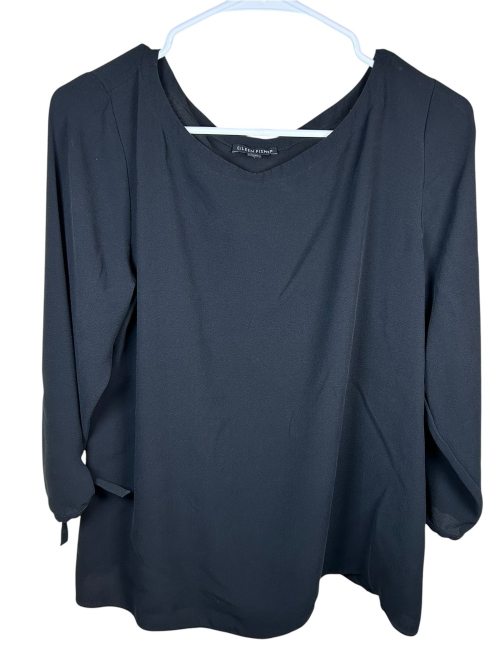 Eileen Fisher Silk Blouse Black 3/4 Sleeve Chic Timeless Minimalist Relaxed M